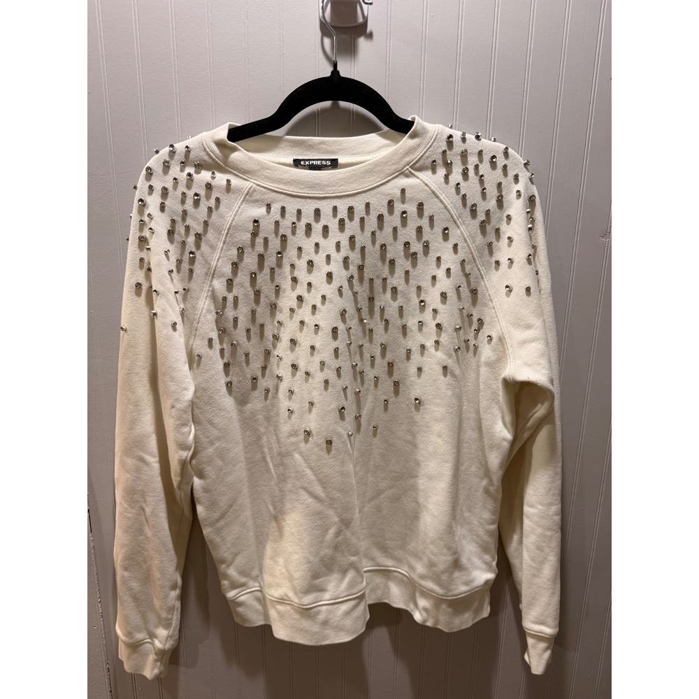 Express Womens Cream Studded Rhinestone Raglan Sweatshirt Off White Size M